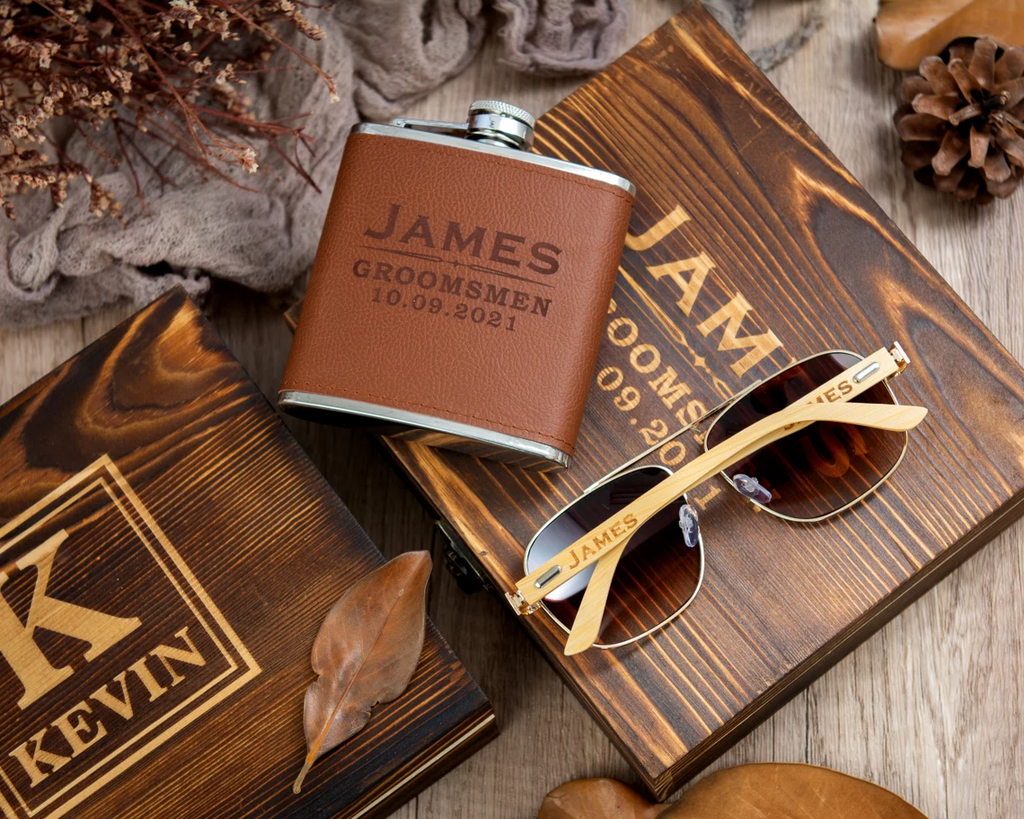 Groomsmen Gifts, Groomsmen Gift Set, Personalized Wooden Sunglasses, Leather Flask in Groomsman Gift Box, Best Man Gifts, Groomsmen Proposal