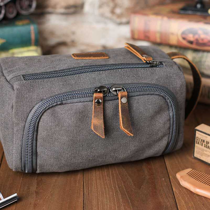 Groomsmen Gifts - Toiletry Bag, Dopp Kit, Brown Leather and Gray Canvas with Flip Top Open, Best Man, Groomsman, Wedding Gift,Christmas gift - icambag