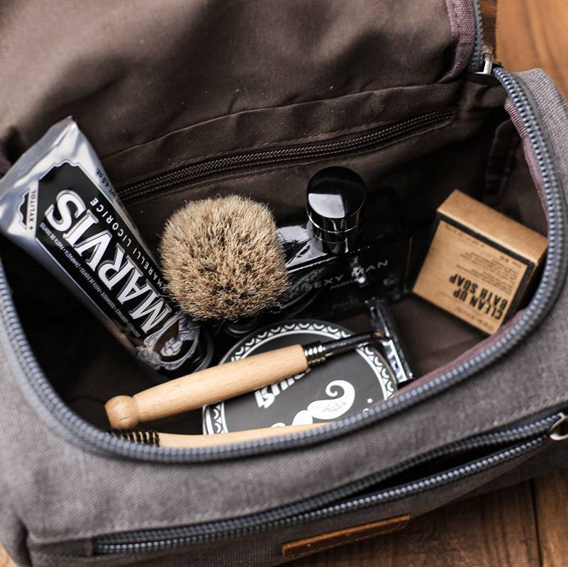 Groomsmen Gifts - Toiletry Bag, Dopp Kit, Brown Leather and Gray Canvas with Flip Top Open, Best Man, Groomsman, Wedding Gift,Christmas gift - icambag