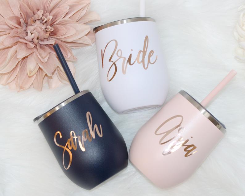 Set of 4 5 6 7 metal wine tumbler with lid and straw Bridal shower favors Personalized Bridesmaid Gifts - urweddinggifts