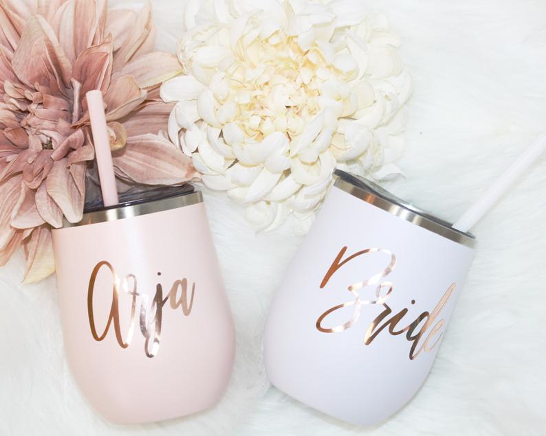 Set of 4 5 6 7 metal wine tumbler with lid and straw Bridal shower favors Personalized Bridesmaid Gifts - urweddinggifts