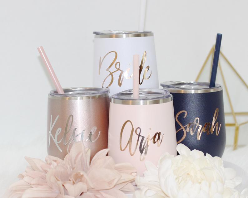 Set of 4 5 6 7 metal wine tumbler with lid and straw Bridal shower favors Personalized Bridesmaid Gifts - urweddinggifts