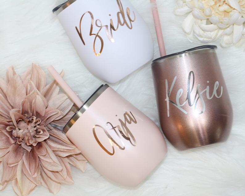 Set of 4 5 6 7 metal wine tumbler with lid and straw Bridal shower favors Personalized Bridesmaid Gifts - urweddinggifts
