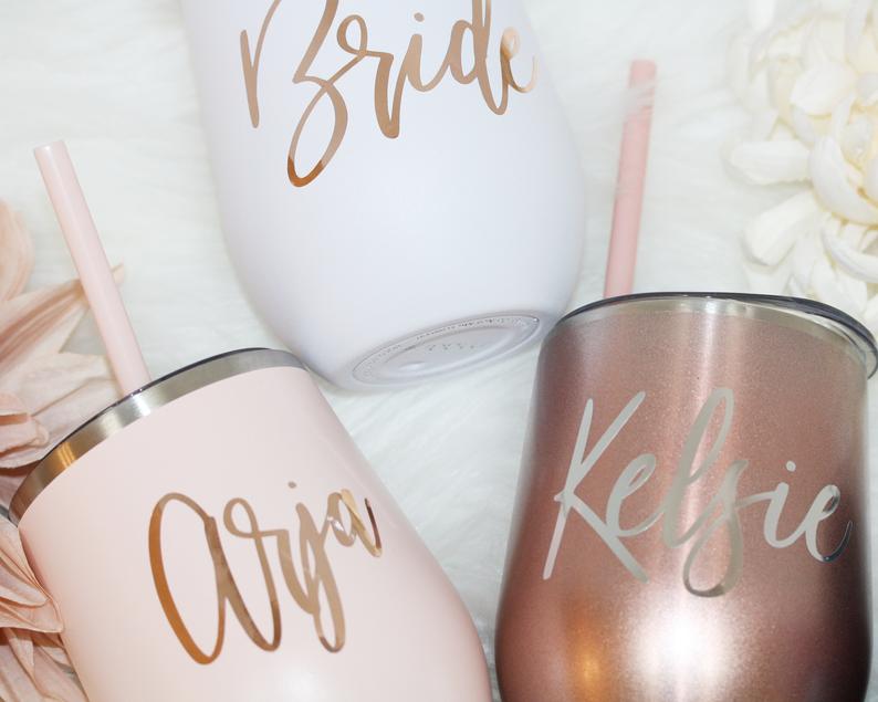 Set of 4 5 6 7 metal wine tumbler with lid and straw Bridal shower favors Personalized Bridesmaid Gifts - urweddinggifts