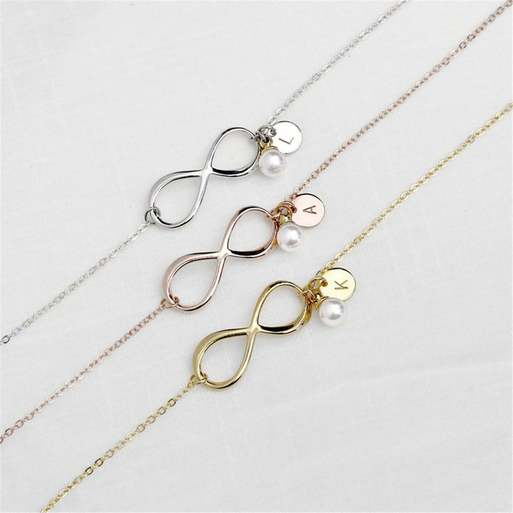 Bridesmaid Gifts Infinity Necklace Personalized Initial Necklace Pearl Necklace - urweddinggifts