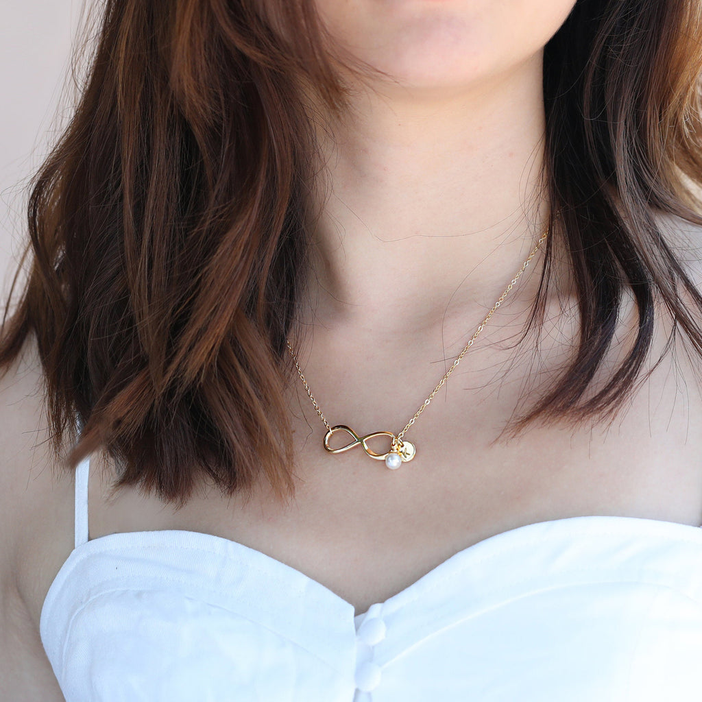 Bridesmaid Gifts Infinity Necklace Personalized Initial Necklace Pearl Necklace - urweddinggifts