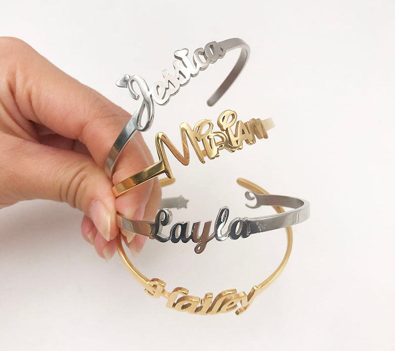 Amazon.com: Stan-Deed Name Bangle Bracelet Personalized Custom Engraving  Monogram Letters Hand Cuff Bangle Jewelry (Gold): Clothing, Shoes & Jewelry
