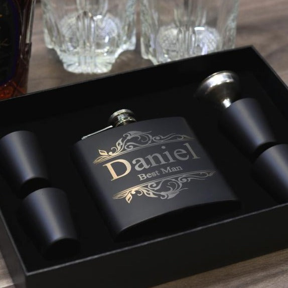 Groomsmen Gift Flask Set Personalized Engraved Box Set Women Best Man Bridesmaid Bachelor Party Proposal Wedding Favors Matte Black - urweddinggifts