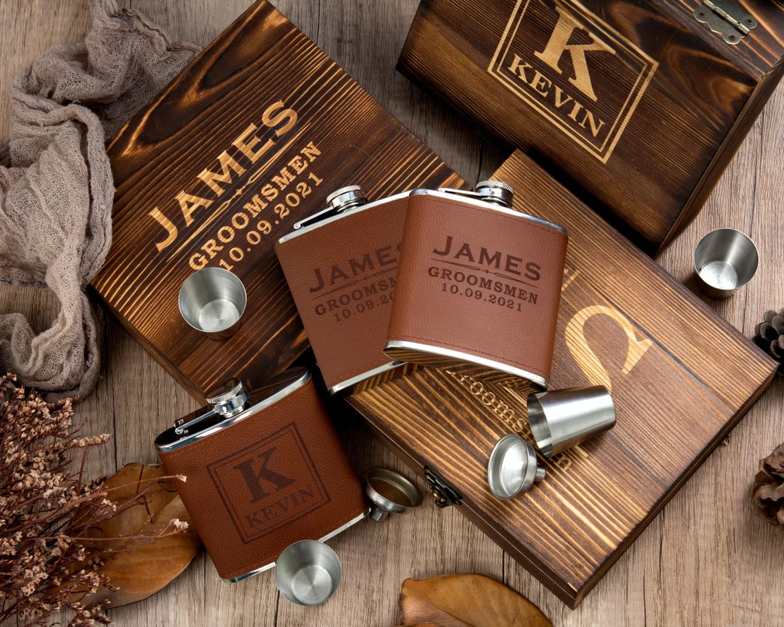 Groomsmen Gifts Personalized Flask Set with Wooden Box Groomsmen