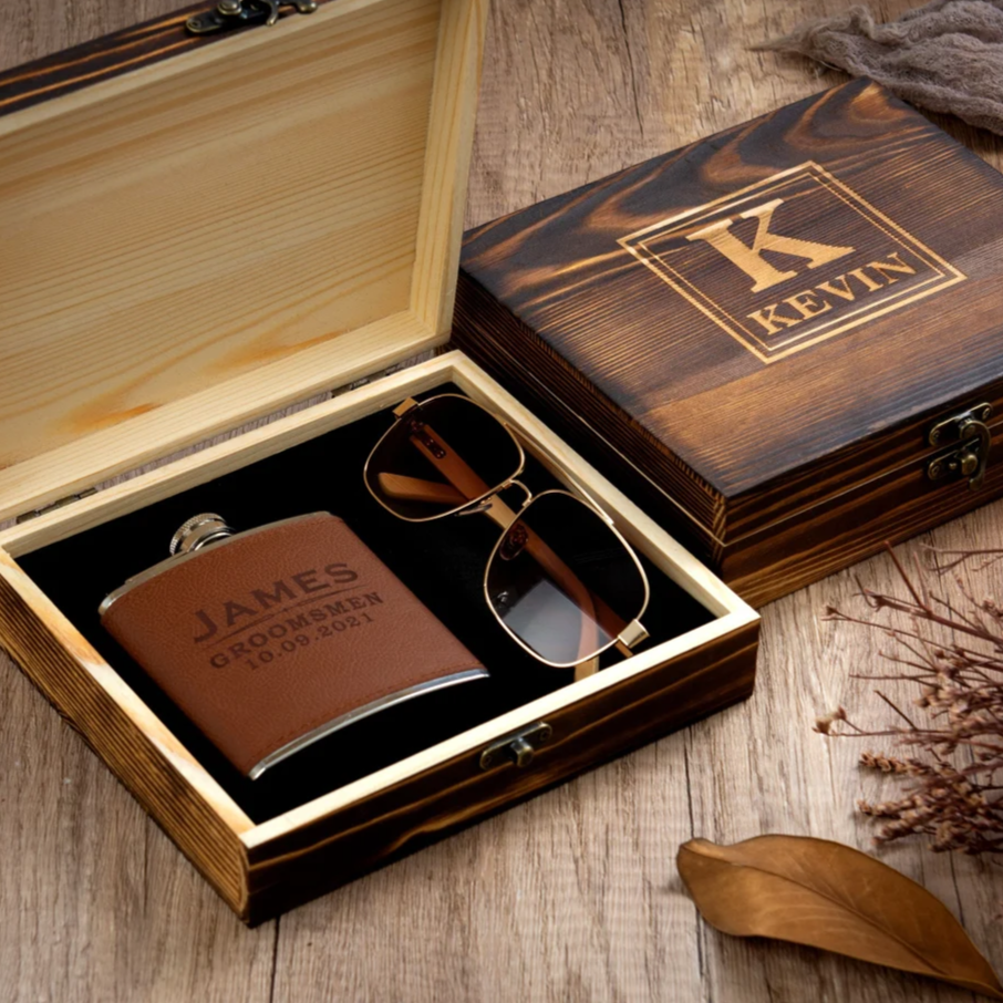 Groomsmen Gifts, Groomsmen Gift Set, Personalized Wooden Sunglasses, Leather Flask in Groomsman Gift Box, Best Man Gifts, Groomsmen Proposal