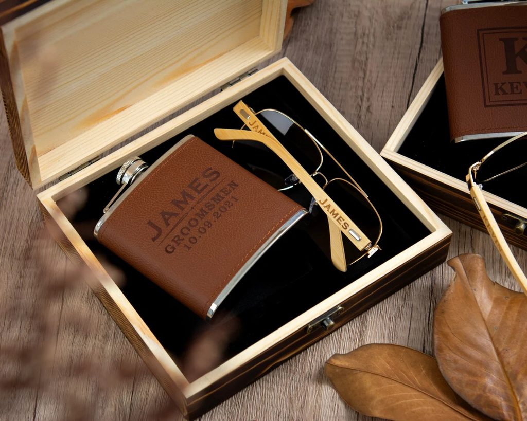 Groomsmen Gifts, Groomsmen Gift Set, Personalized Wooden Sunglasses, Leather Flask in Groomsman Gift Box, Best Man Gifts, Groomsmen Proposal