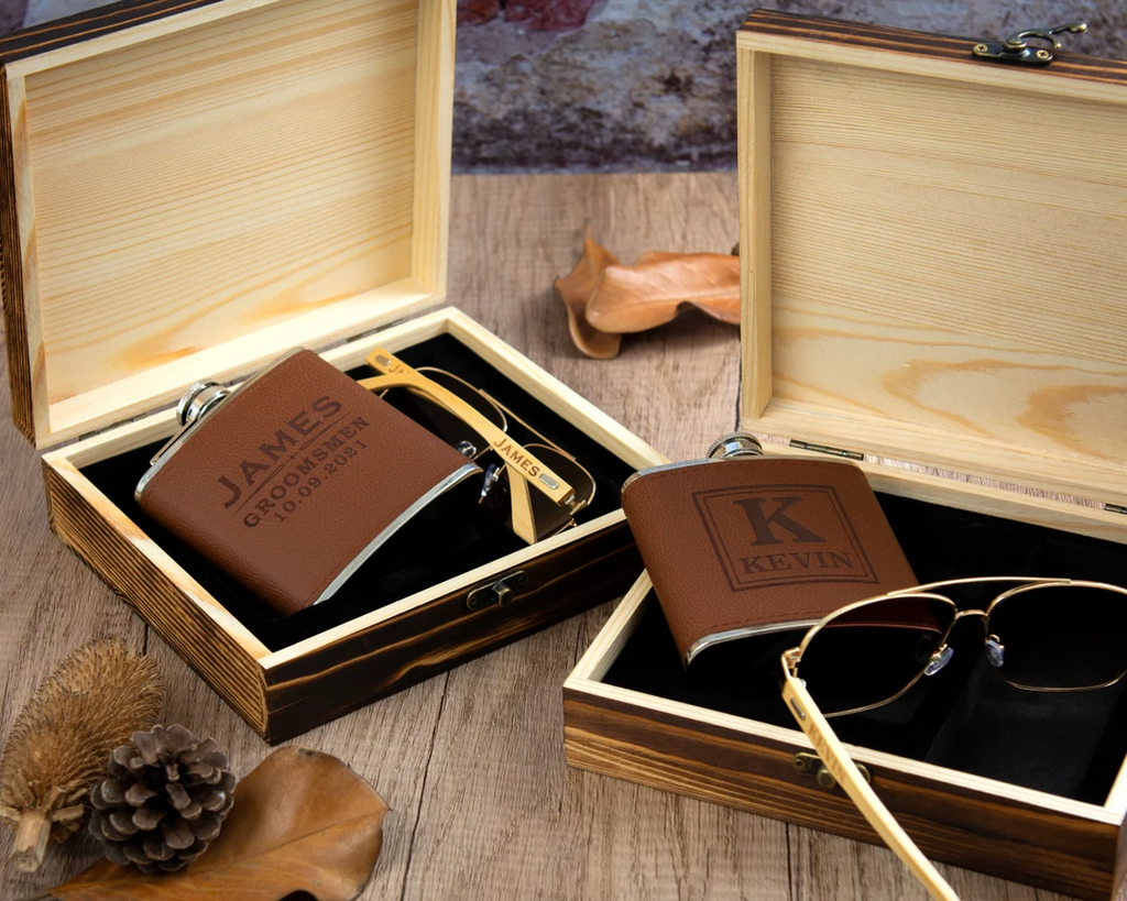 Groomsmen Gifts, Groomsmen Gift Set, Personalized Wooden Sunglasses, Leather Flask in Groomsman Gift Box, Best Man Gifts, Groomsmen Proposal