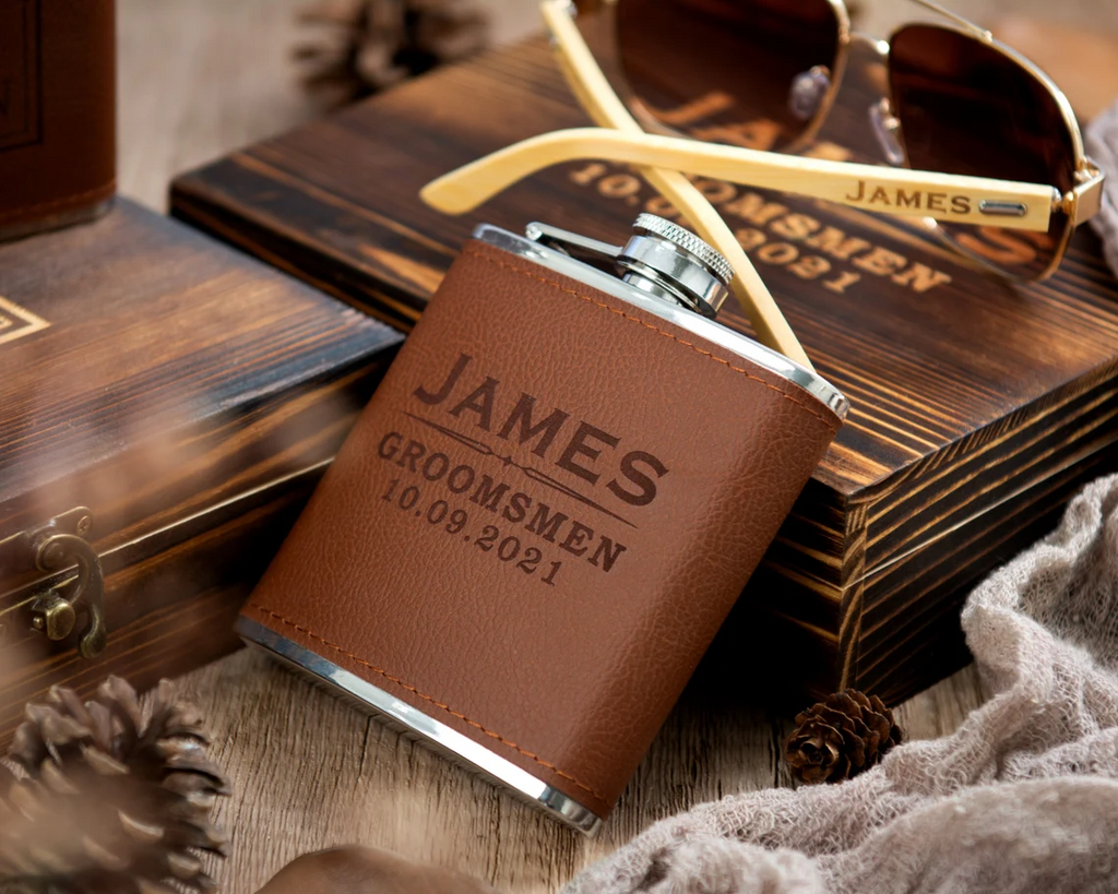 Groomsmen Gifts, Groomsmen Gift Set, Personalized Wooden Sunglasses, Leather Flask in Groomsman Gift Box, Best Man Gifts, Groomsmen Proposal