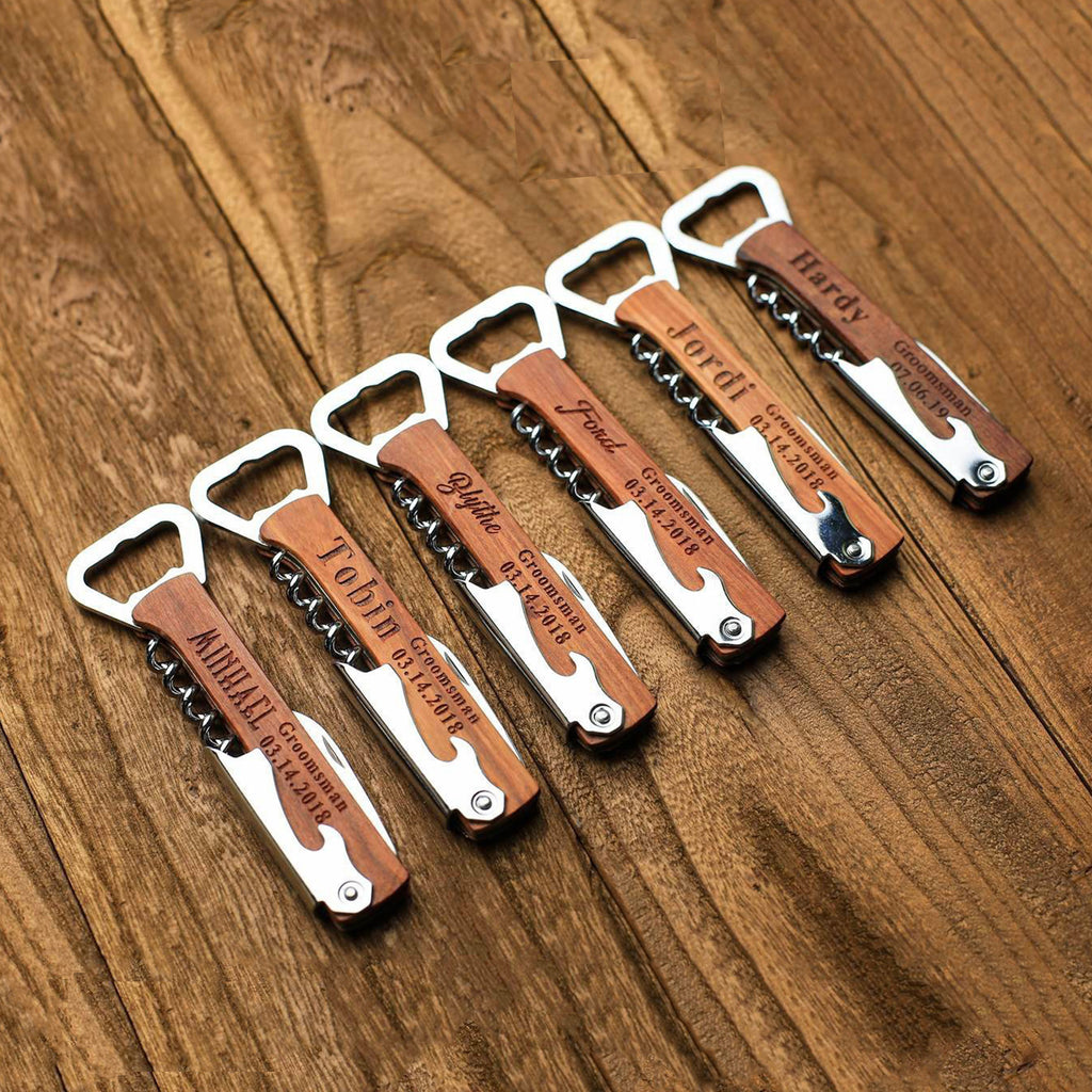 Groomsmen Gifts Personalized Wooden Corkscrew Engraved Bottle Opener Usher Gift - urweddinggifts