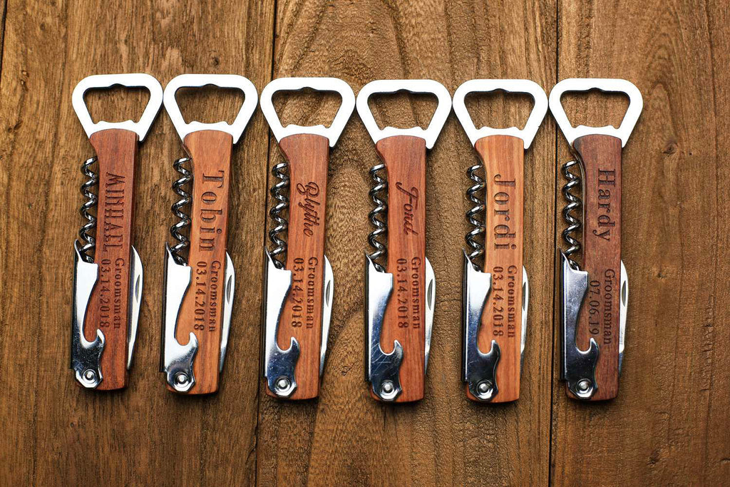 Groomsmen Gifts Personalized Wooden Corkscrew Engraved Bottle Opener Usher Gift - urweddinggifts