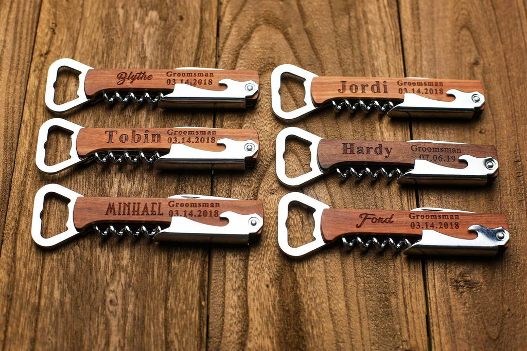 Groomsmen Gifts Personalized Wooden Corkscrew Engraved Bottle Opener Usher Gift - urweddinggifts