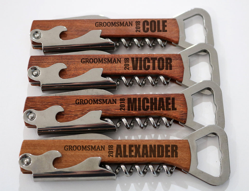 Groomsmen Gifts Personalized Wooden Corkscrew Engraved Bottle Opener Usher Gift - urweddinggifts