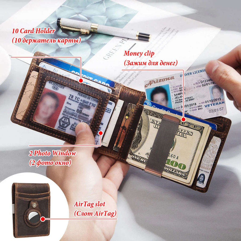 Personalized Mens Wallet, Genuine Leather Money Clip AirTag Wallet Clear ID Window Birthday Gift Anniversary Gift Handwriting Wallet For Men