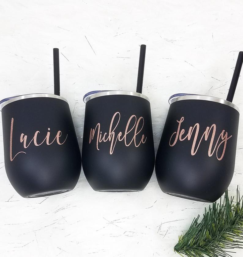 Set of 4 5 6 7 metal wine tumbler with lid and straw Bridal shower favors Personalized Bridesmaid Gifts - urweddinggifts