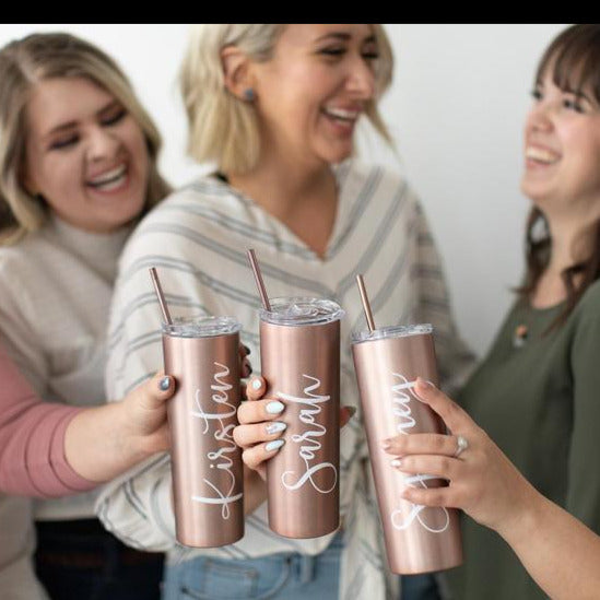 Tumbler With Lid and Straw Rose Gold & Gold, Stainless Steel, Skinny Tumbler, Personalized Gift for Mom, Christmas Gift for Her - urweddinggifts